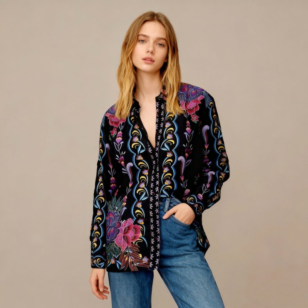 $450 NWT JOHNNY WAS ROSALYNDA BUTTON DOWN Long Sleeve SHIRT Size S Silk Blend